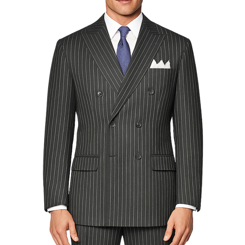 VINCI Men's Charcoal Gray Pinstripe Double-Breasted Regular Fit Suit with Adjustable Waist - NEW. Features a peak lapel double-breasted jacket and flat-front pants with flexible waistband and unfinished hems. Classic pinstripe style for work or formal events. Available at Fashion House Inc. (FH Menswear)