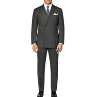 VINCI Men's Charcoal Gray Pinstripe Double-Breasted Regular Fit Suit with Adjustable Waist - NEW. Features a peak lapel double-breasted jacket and flat-front pants with flexible waistband and unfinished hems. Classic pinstripe style for work or formal events. Available at Fashion House Inc. (FH Menswear)