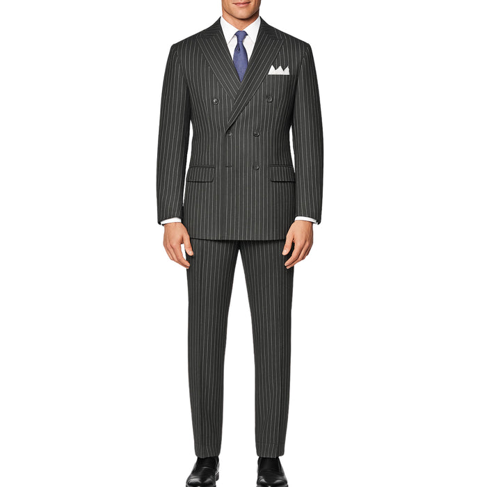 VINCI Men's Charcoal Gray Pinstripe Double-Breasted Regular Fit Suit with Adjustable Waist - NEW. Features a peak lapel double-breasted jacket and flat-front pants with flexible waistband and unfinished hems. Classic pinstripe style for work or formal events. Available at Fashion House Inc. (FH Menswear)
