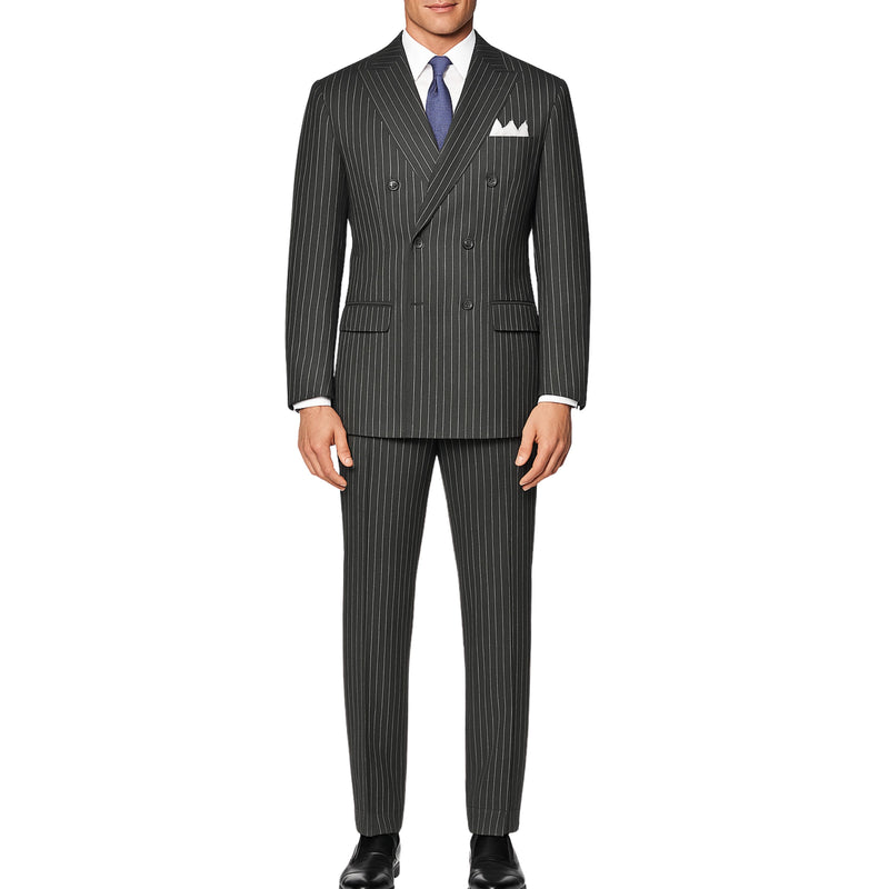 VINCI Men's Charcoal Gray Pinstripe Double-Breasted Regular Fit Suit with Adjustable Waist - NEW. Features a peak lapel double-breasted jacket and flat-front pants with flexible waistband and unfinished hems. Classic pinstripe style for work or formal events. Available at Fashion House Inc. (FH Menswear)
