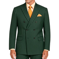 VINCI Men's Hunter Green Pinstripe Double-Breasted Regular Fit Suit with Adjustable Waist - NEW. Features a peak lapel double-breasted jacket and flat-front pants with flexible waistband and unfinished hems. Classic pinstripe style for work or formal events. Available at Fashion House Inc. (FH Menswear)