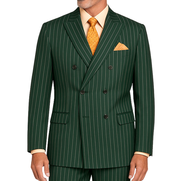 VINCI Men's Hunter Green Pinstripe Double-Breasted Regular Fit Suit with Adjustable Waist - NEW. Features a peak lapel double-breasted jacket and flat-front pants with flexible waistband and unfinished hems. Classic pinstripe style for work or formal events. Available at Fashion House Inc. (FH Menswear)