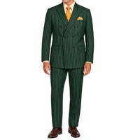 VINCI Men's Hunter Green Pinstripe Double-Breasted Regular Fit Suit with Adjustable Waist - NEW. Features a peak lapel double-breasted jacket and flat-front pants with flexible waistband and unfinished hems. Classic pinstripe style for work or formal events. Available at Fashion House Inc. (FH Menswear)
