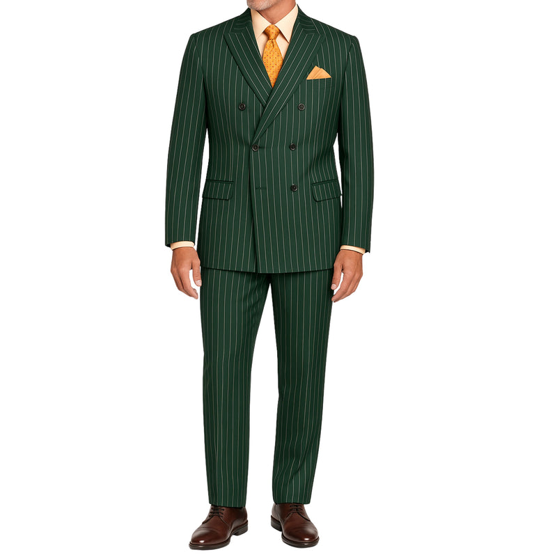 VINCI Men's Hunter Green Pinstripe Double-Breasted Regular Fit Suit with Adjustable Waist - NEW. Features a peak lapel double-breasted jacket and flat-front pants with flexible waistband and unfinished hems. Classic pinstripe style for work or formal events. Available at Fashion House Inc. (FH Menswear)