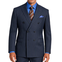 VINCI Men's Navy Blue Pinstripe Double-Breasted Regular Fit Suit with Adjustable Waist - NEW. Features a peak lapel double-breasted jacket and flat-front pants with flexible waistband and unfinished hems. Classic pinstripe style for work or formal events. Available at Fashion House Inc. (FH Menswear)