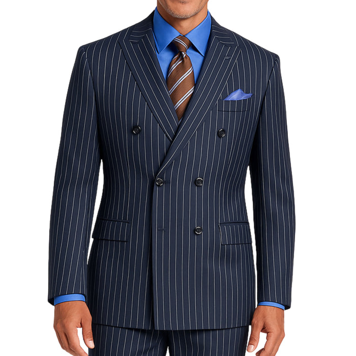 VINCI Men's Navy Blue Pinstripe Double-Breasted Regular Fit Suit with Adjustable Waist - NEW. Features a peak lapel double-breasted jacket and flat-front pants with flexible waistband and unfinished hems. Classic pinstripe style for work or formal events. Available at Fashion House Inc. (FH Menswear)