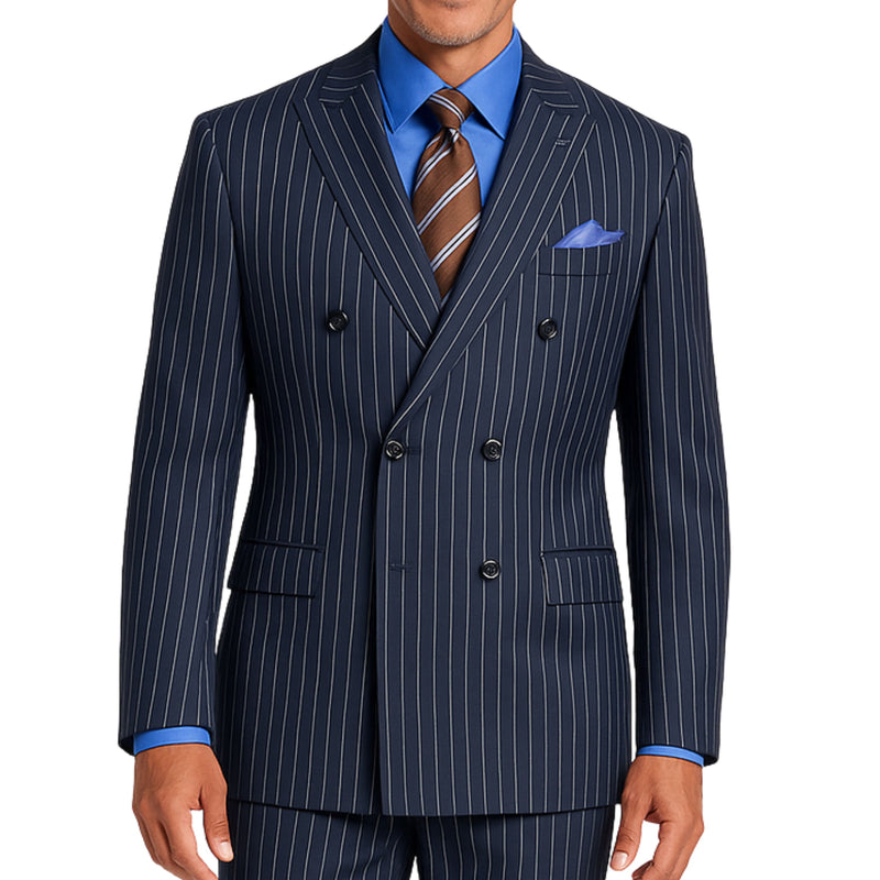 VINCI Men's Navy Blue Pinstripe Double-Breasted Regular Fit Suit with Adjustable Waist - NEW. Features a peak lapel double-breasted jacket and flat-front pants with flexible waistband and unfinished hems. Classic pinstripe style for work or formal events. Available at Fashion House Inc. (FH Menswear)