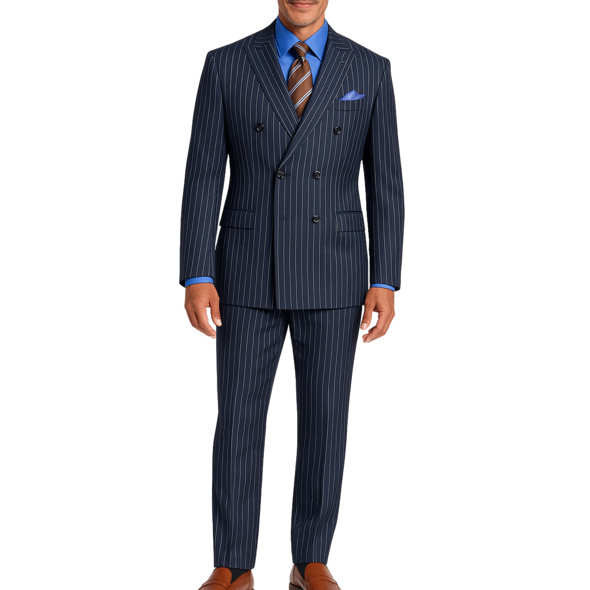 VINCI Men's Navy Blue Pinstripe Double-Breasted Regular Fit Suit with Adjustable Waist - NEW. Features a peak lapel double-breasted jacket and flat-front pants with flexible waistband and unfinished hems. Classic pinstripe style for work or formal events. Available at Fashion House Inc. (FH Menswear)