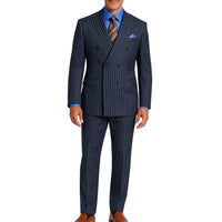 VINCI Men's Navy Blue Pinstripe Double-Breasted Regular Fit Suit with Adjustable Waist - NEW. Features a peak lapel double-breasted jacket and flat-front pants with flexible waistband and unfinished hems. Classic pinstripe style for work or formal events. Available at Fashion House Inc. (FH Menswear)