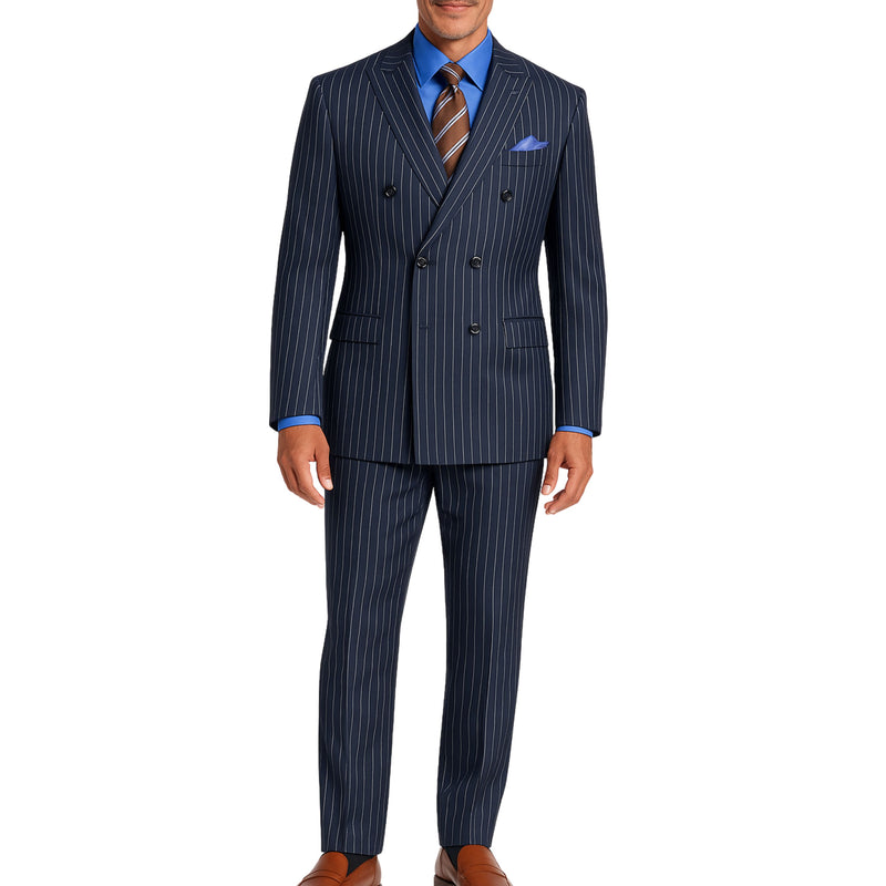 VINCI Men's Navy Blue Pinstripe Double-Breasted Regular Fit Suit with Adjustable Waist - NEW. Features a peak lapel double-breasted jacket and flat-front pants with flexible waistband and unfinished hems. Classic pinstripe style for work or formal events. Available at Fashion House Inc. (FH Menswear)
