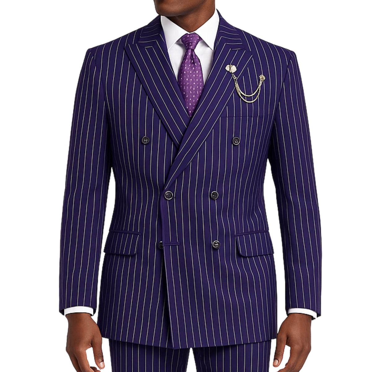 VINCI Men's Purple Pinstripe Double-Breasted Regular Fit Suit with Adjustable Waist - NEW. Features a peak lapel double-breasted jacket and flat-front pants with flexible waistband and unfinished hems. Classic pinstripe style for work or formal events. Available at Fashion House Inc. (FH Menswear)