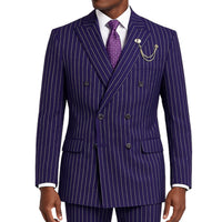 VINCI Men's Purple Pinstripe Double-Breasted Regular Fit Suit with Adjustable Waist - NEW. Features a peak lapel double-breasted jacket and flat-front pants with flexible waistband and unfinished hems. Classic pinstripe style for work or formal events. Available at Fashion House Inc. (FH Menswear)