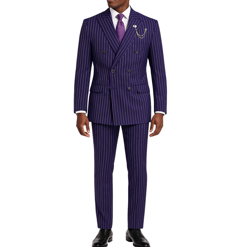 VINCI Men's Purple Pinstripe Double-Breasted Regular Fit Suit with Adjustable Waist - NEW. Features a peak lapel double-breasted jacket and flat-front pants with flexible waistband and unfinished hems. Classic pinstripe style for work or formal events. Available at Fashion House Inc. (FH Menswear)