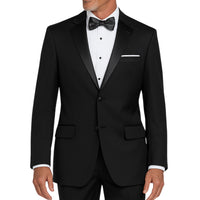 VINCI Men's Black Regular-Fit Tuxedo with Sateen Lapel, Trim & Adjustable Waist - NEW. Full-cut silhouette with a sleek notch lapel jacket and flat-front pants for tailored comfort. Perfect for weddings, galas, and formal events. Available at Fashion House Inc. (FH Menswear)