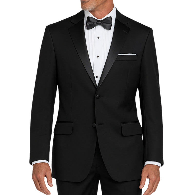 VINCI Men's Black Regular-Fit Tuxedo with Sateen Lapel, Trim & Adjustable Waist - NEW. Full-cut silhouette with a sleek notch lapel jacket and flat-front pants for tailored comfort. Perfect for weddings, galas, and formal events. Available at Fashion House Inc. (FH Menswear)