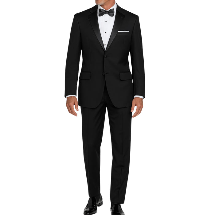 VINCI Men's Black Regular-Fit Tuxedo with Sateen Lapel, Trim & Adjustable Waist - NEW. Full-cut silhouette with a sleek notch lapel jacket and flat-front pants for tailored comfort. Perfect for weddings, galas, and formal events. Available at Fashion House Inc. (FH Menswear)