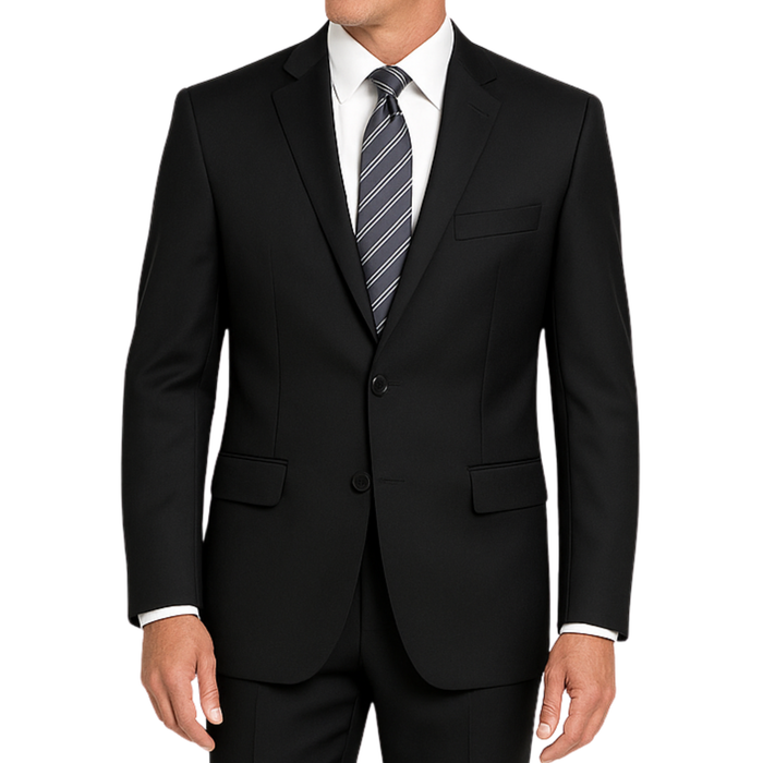 VINCI Men's Black 2-Button Slim Fit Suit - NEW. Features a sleek modern silhouette with a fully lined notch lapel jacket and flat-front pants for custom tailoring. Ideal for polished office wear or sophisticated evening outings. Available at Fashion House Inc. (FH Menswear)
