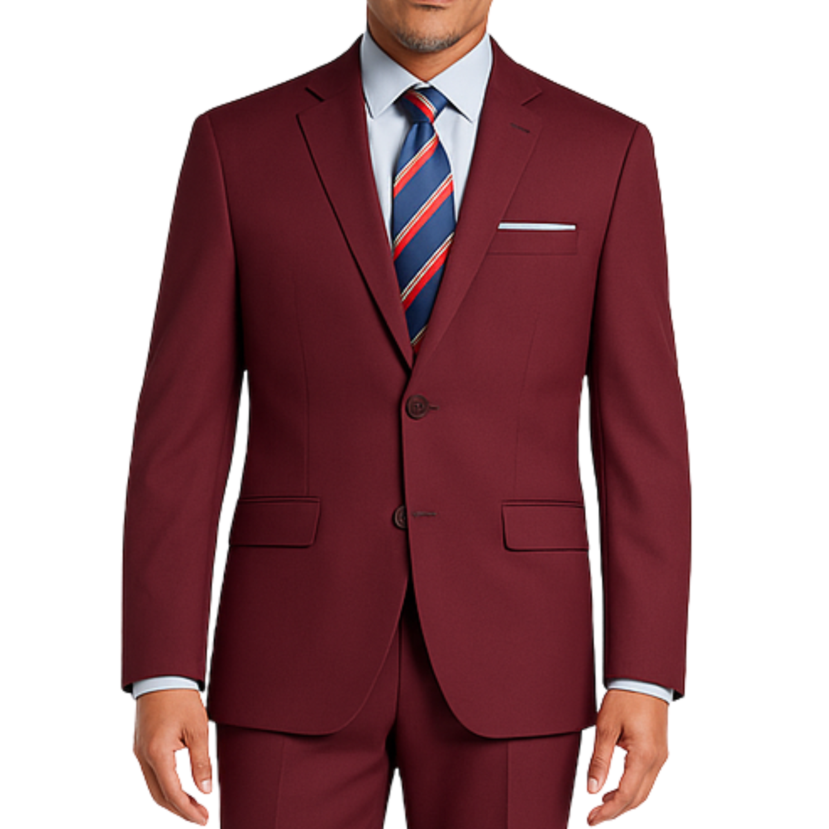 VINCI Men's Burgundy 2-Button Slim Fit Suit - NEW. Features a sleek modern silhouette with a fully lined notch lapel jacket and flat-front pants for custom tailoring. Ideal for polished office wear or sophisticated evening outings. Available at Fashion House Inc. (FH Menswear)