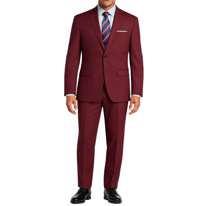 VINCI Men's Burgundy 2-Button Slim Fit Suit - NEW. Features a sleek modern silhouette with a fully lined notch lapel jacket and flat-front pants for custom tailoring. Ideal for polished office wear or sophisticated evening outings. Available at Fashion House Inc. (FH Menswear)