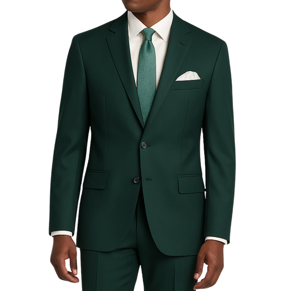 VINCI Men's Hunter Green 2-Button Slim Fit Suit - NEW. Features a sleek modern silhouette with a fully lined notch lapel jacket and flat-front pants for custom tailoring. Ideal for polished office wear or sophisticated evening outings. Available at Fashion House Inc. (FH Menswear)