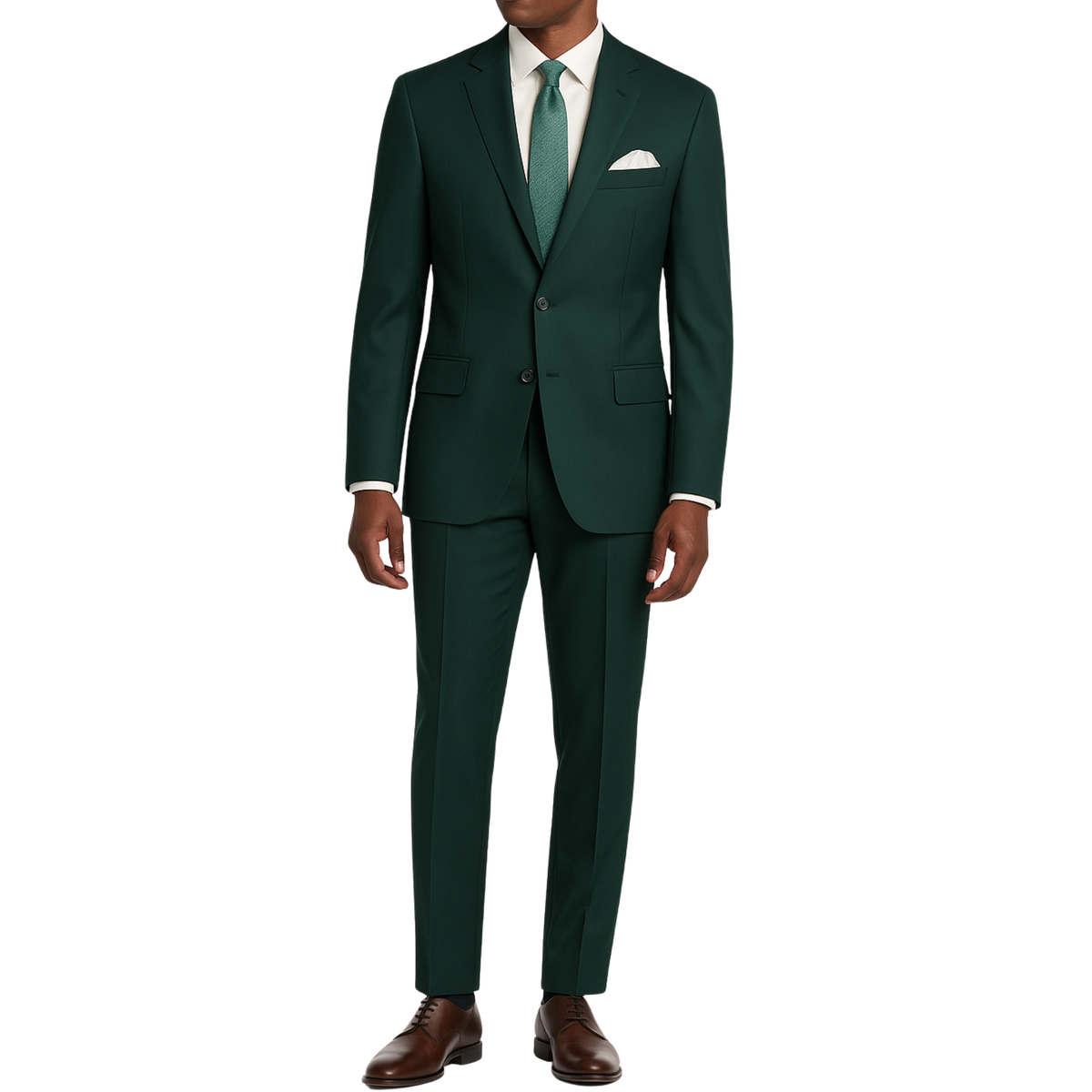 VINCI Men's Hunter Green 2-Button Slim Fit Suit - NEW. Features a sleek modern silhouette with a fully lined notch lapel jacket and flat-front pants for custom tailoring. Ideal for polished office wear or sophisticated evening outings. Available at Fashion House Inc. (FH Menswear)