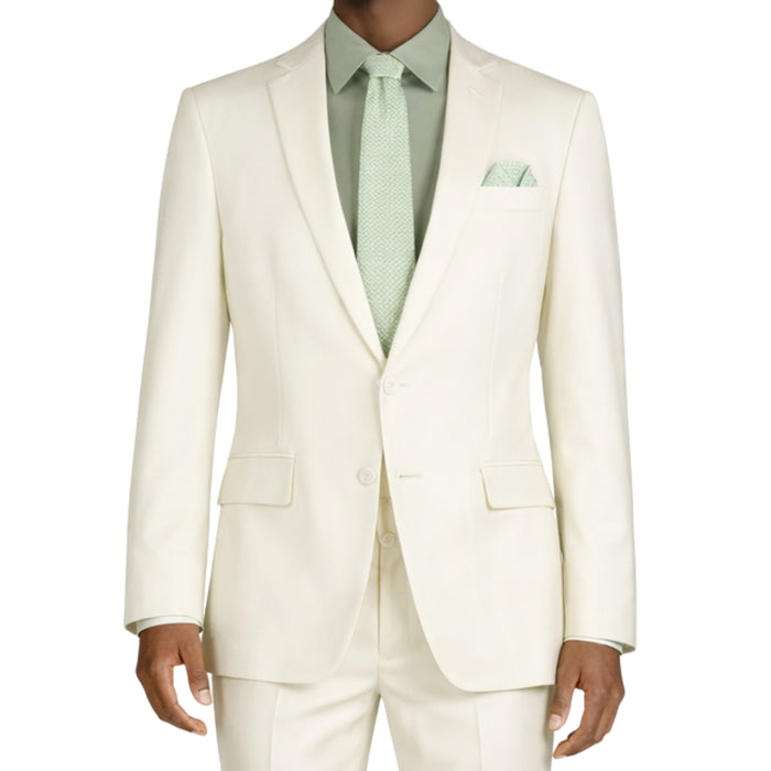 VINCI Men's Ivory 2-Button Slim Fit Suit - NEW. Features a sleek modern silhouette with a fully lined notch lapel jacket and flat-front pants for custom tailoring. Ideal for polished office wear or sophisticated evening outings. Available at Fashion House Inc. (FH Menswear)