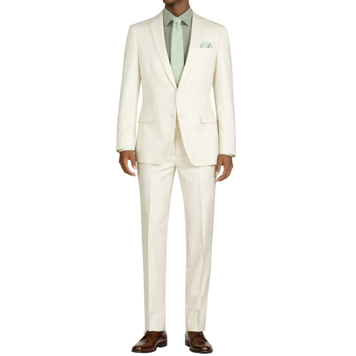 VINCI Men's Ivory 2-Button Slim Fit Suit - NEW. Features a sleek modern silhouette with a fully lined notch lapel jacket and flat-front pants for custom tailoring. Ideal for polished office wear or sophisticated evening outings. Available at Fashion House Inc. (FH Menswear)