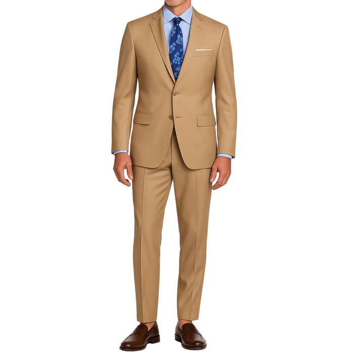 VINCI Men's Light Beige 2-Button Slim Fit Suit - NEW. Features a sleek modern silhouette with a fully lined notch lapel jacket and flat-front pants for custom tailoring. Ideal for polished office wear or sophisticated evening outings. Available at Fashion House Inc. (FH Menswear)