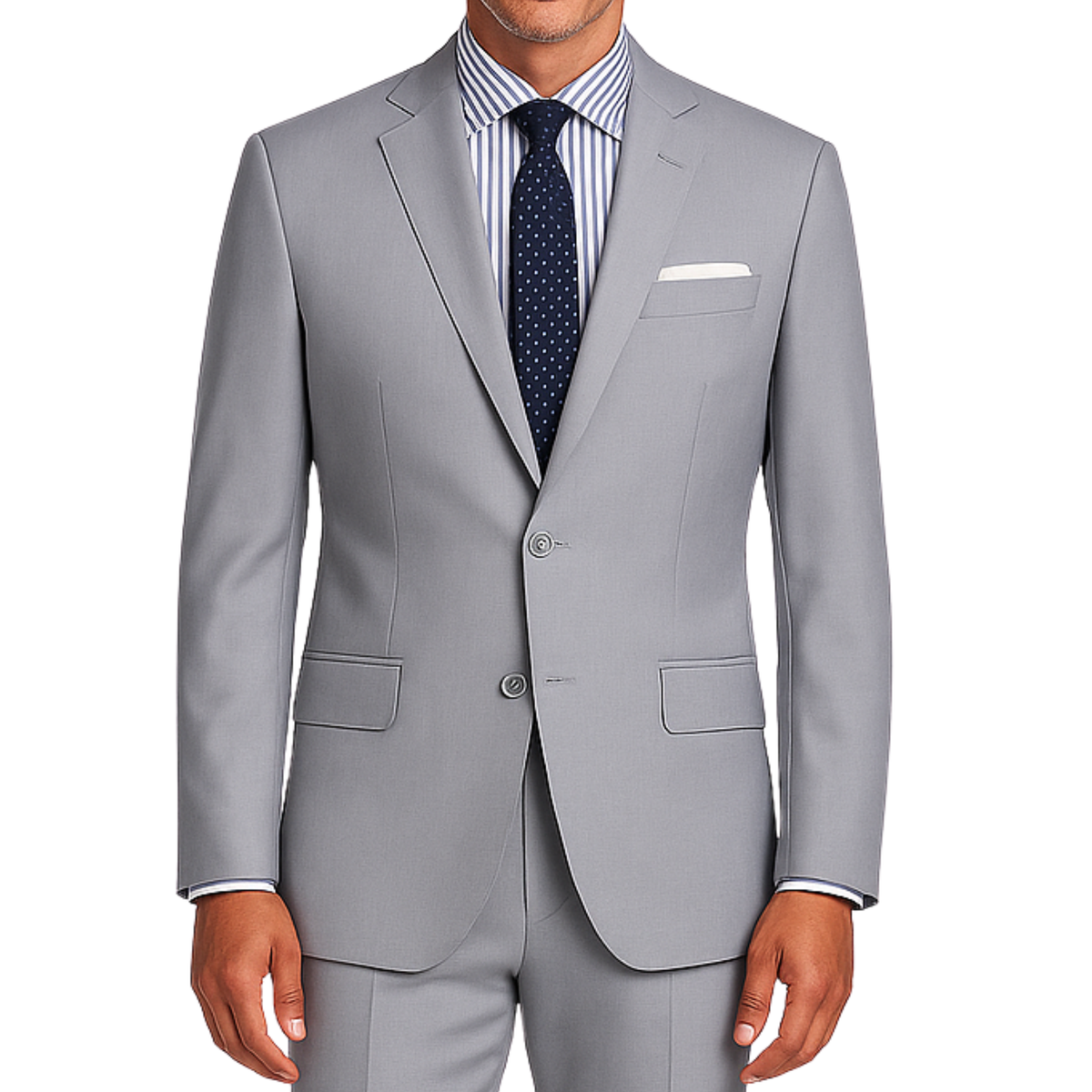 VINCI Men's Light Gray 2-Button Slim Fit Suit - NEW. Features a sleek modern silhouette with a fully lined notch lapel jacket and flat-front pants for custom tailoring. Ideal for polished office wear or sophisticated evening outings. Available at Fashion House Inc. (FH Menswear)