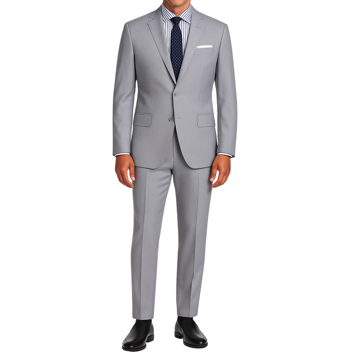 VINCI Men's Light Gray 2-Button Slim Fit Suit - NEW. Features a sleek modern silhouette with a fully lined notch lapel jacket and flat-front pants for custom tailoring. Ideal for polished office wear or sophisticated evening outings. Available at Fashion House Inc. (FH Menswear)