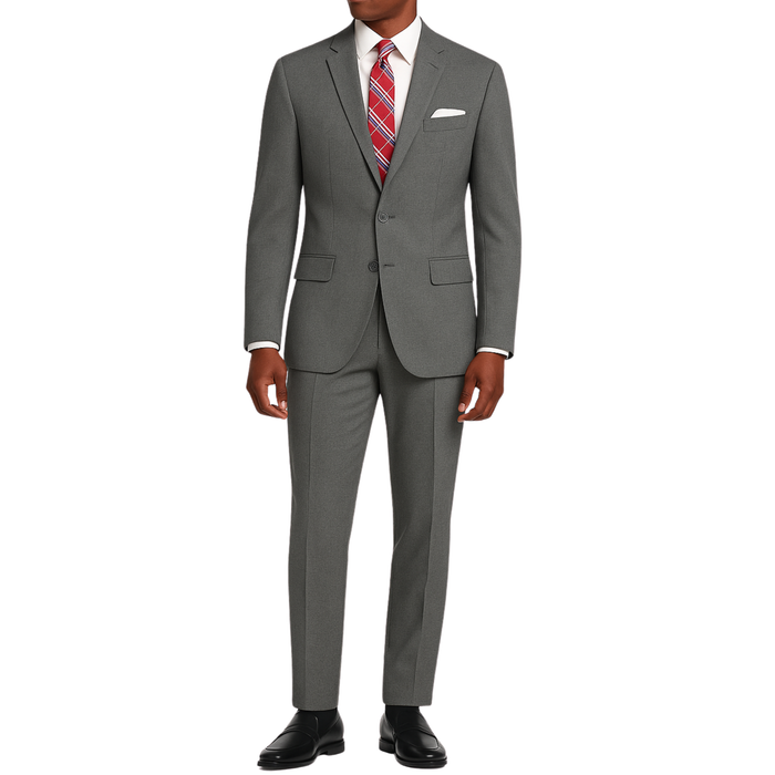 VINCI Men's Gray 2-Button Slim Fit Suit - NEW. Features a sleek modern silhouette with a fully lined notch lapel jacket and flat-front pants for custom tailoring. Ideal for polished office wear or sophisticated evening outings. Available at Fashion House Inc. (FH Menswear)