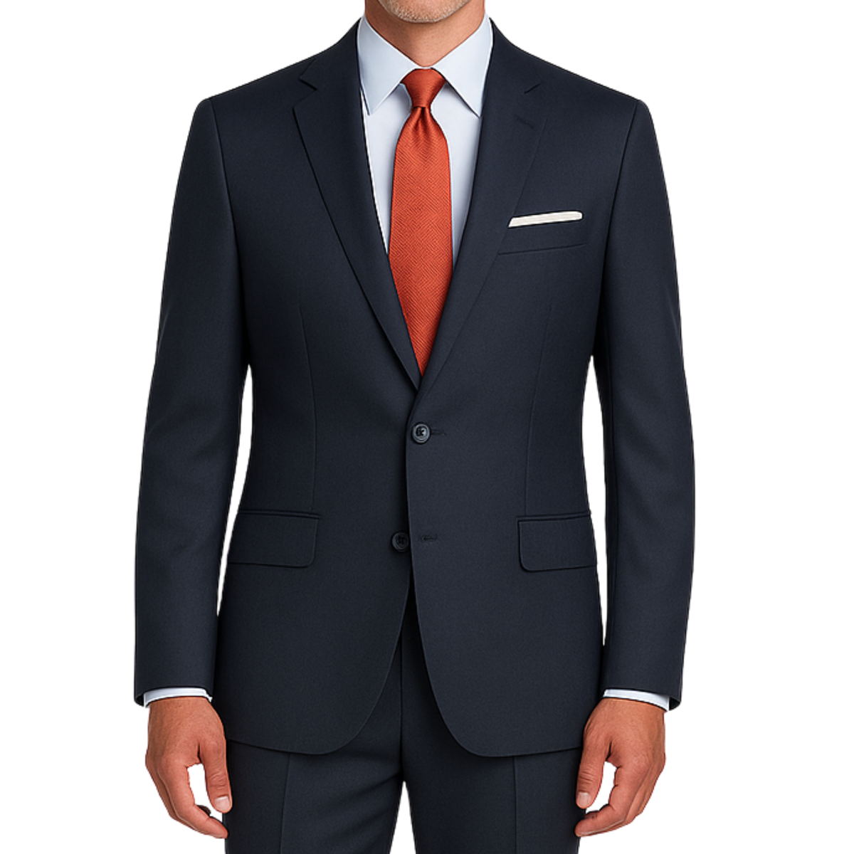 VINCI Men's Navy Blue 2-Button Slim Fit Suit - NEW. Features a sleek modern silhouette with a fully lined notch lapel jacket and flat-front pants for custom tailoring. Ideal for polished office wear or sophisticated evening outings. Available at Fashion House Inc. (FH Menswear)