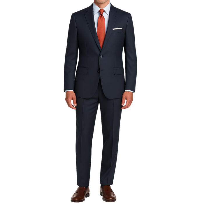 VINCI Men's Navy Blue 2-Button Slim Fit Suit - NEW. Features a sleek modern silhouette with a fully lined notch lapel jacket and flat-front pants for custom tailoring. Ideal for polished office wear or sophisticated evening outings. Available at Fashion House Inc. (FH Menswear)