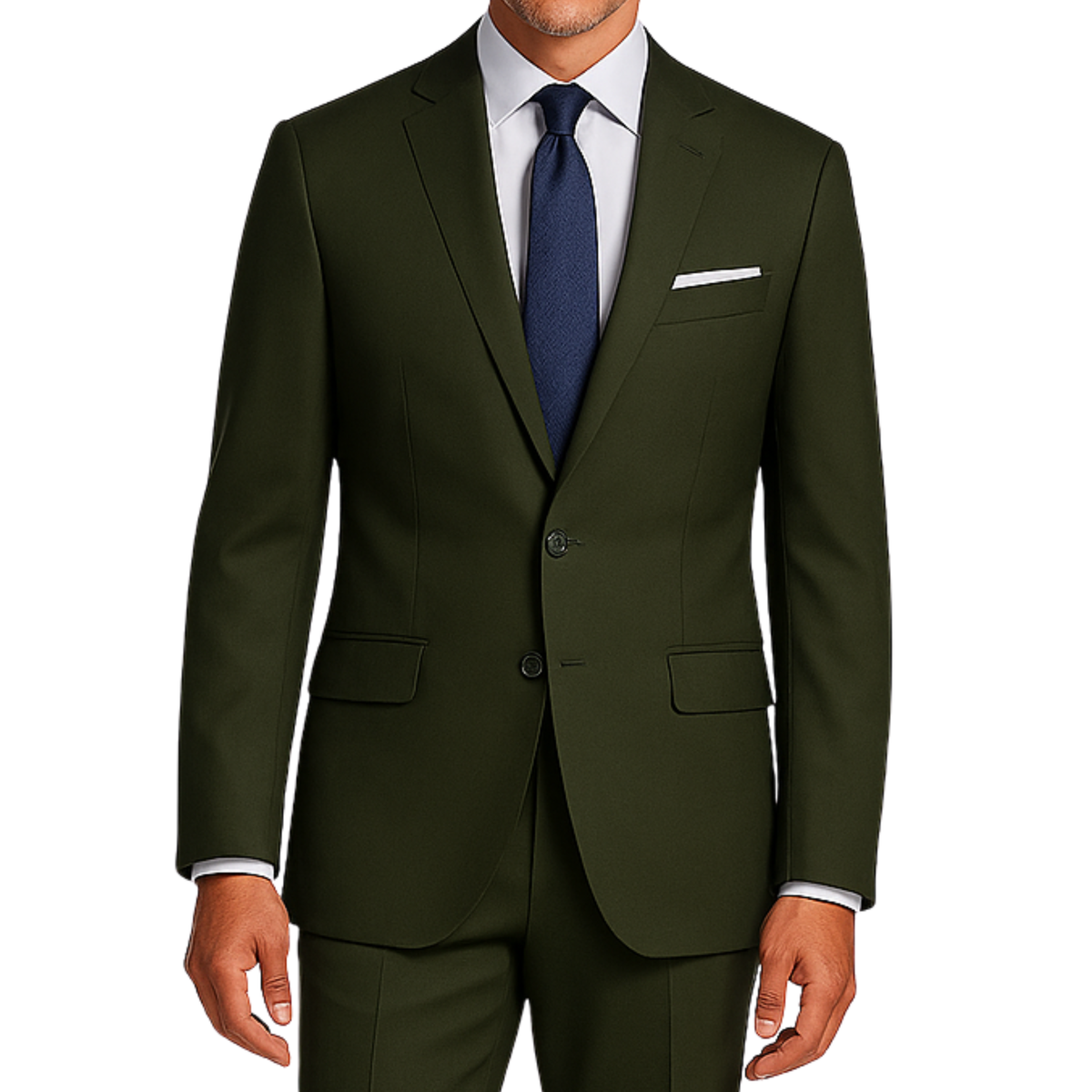 VINCI Men's Olive Green 2-Button Slim Fit Suit - NEW. Features a sleek modern silhouette with a fully lined notch lapel jacket and flat-front pants for custom tailoring. Ideal for polished office wear or sophisticated evening outings. Available at Fashion House Inc. (FH Menswear)