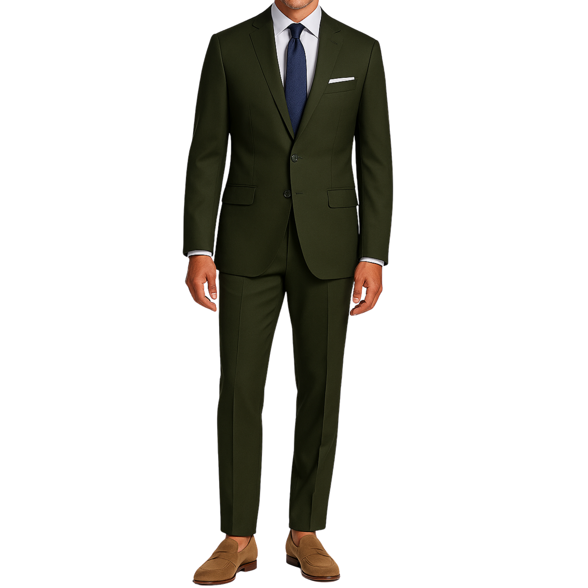 VINCI Men's Olive Green 2-Button Slim Fit Suit - NEW. Features a sleek modern silhouette with a fully lined notch lapel jacket and flat-front pants for custom tailoring. Ideal for polished office wear or sophisticated evening outings. Available at Fashion House Inc. (FH Menswear)