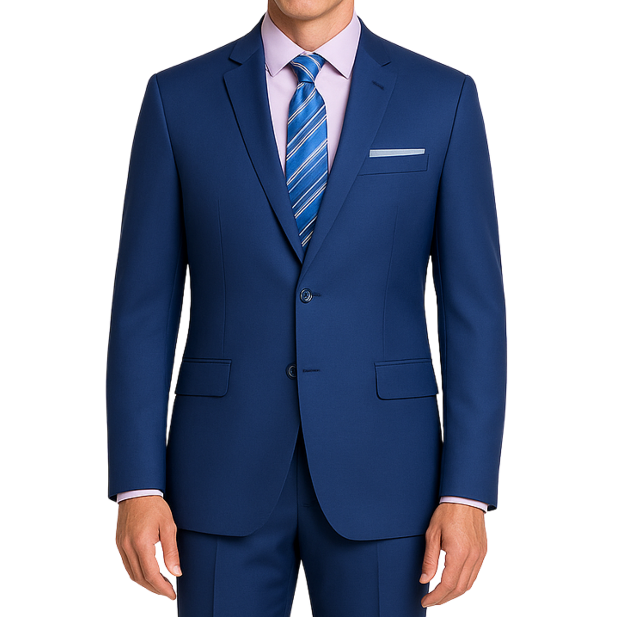 VINCI Men's Patriot Blue 2-Button Slim Fit Suit - NEW. Features a sleek modern silhouette with a fully lined notch lapel jacket and flat-front pants for custom tailoring. Ideal for polished office wear or sophisticated evening outings. Available at Fashion House Inc. (FH Menswear)