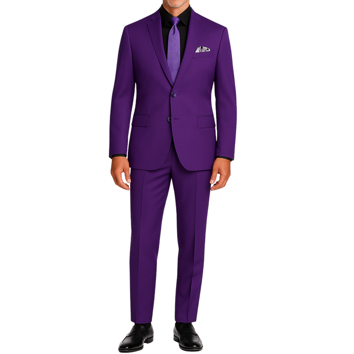 VINCI Men's Purple 2-Button Slim Fit Suit - NEW. Features a sleek modern silhouette with a fully lined notch lapel jacket and flat-front pants for custom tailoring. Ideal for polished office wear or sophisticated evening outings. Available at Fashion House Inc. (FH Menswear)