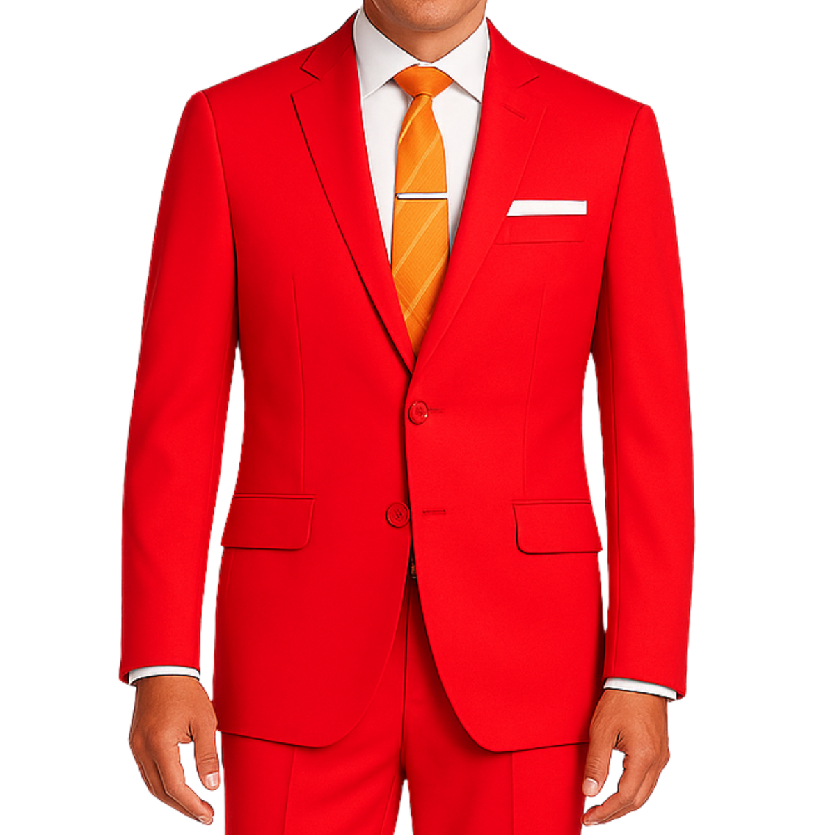 VINCI Men's Red 2-Button Slim Fit Suit - NEW. Features a sleek modern silhouette with a fully lined notch lapel jacket and flat-front pants for custom tailoring. Ideal for polished office wear or sophisticated evening outings. Available at Fashion House Inc. (FH Menswear)