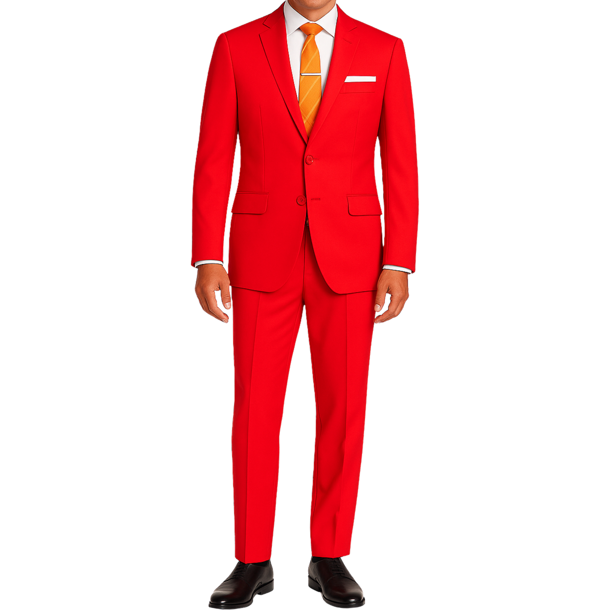 VINCI Men's Red 2-Button Slim Fit Suit - NEW. Features a sleek modern silhouette with a fully lined notch lapel jacket and flat-front pants for custom tailoring. Ideal for polished office wear or sophisticated evening outings. Available at Fashion House Inc. (FH Menswear)