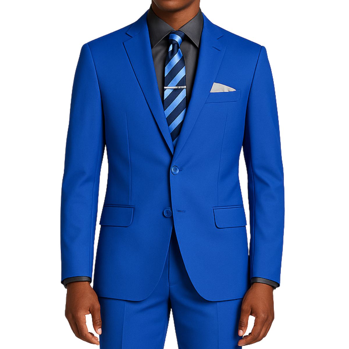 VINCI Men's Royal Blue 2-Button Slim Fit Suit - NEW. Features a sleek modern silhouette with a fully lined notch lapel jacket and flat-front pants for custom tailoring. Ideal for polished office wear or sophisticated evening outings. Available at Fashion House Inc. (FH Menswear)