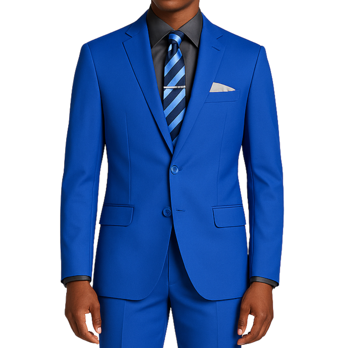 VINCI Men's Royal Blue 2-Button Slim Fit Suit - NEW. Features a sleek modern silhouette with a fully lined notch lapel jacket and flat-front pants for custom tailoring. Ideal for polished office wear or sophisticated evening outings. Available at Fashion House Inc. (FH Menswear)