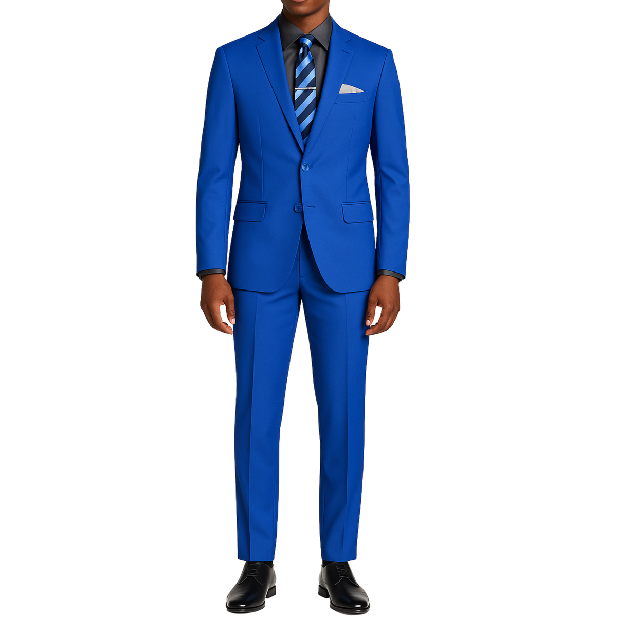 VINCI Men's Royal Blue 2-Button Slim Fit Suit - NEW. Features a sleek modern silhouette with a fully lined notch lapel jacket and flat-front pants for custom tailoring. Ideal for polished office wear or sophisticated evening outings. Available at Fashion House Inc. (FH Menswear)