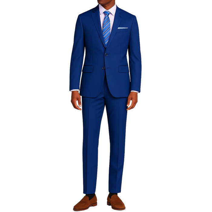 VINCI Men's Twilight Blue 2-Button Slim Fit Suit - NEW. Features a sleek modern silhouette with a fully lined notch lapel jacket and flat-front pants for custom tailoring. Ideal for polished office wear or sophisticated evening outings. Available at Fashion House Inc. (FH Menswear)