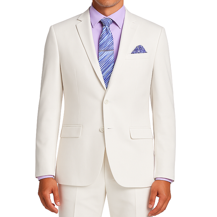 VINCI Men's White 2-Button Slim Fit Suit - NEW. Features a sleek modern silhouette with a fully lined notch lapel jacket and flat-front pants for custom tailoring. Ideal for polished office wear or sophisticated evening outings. Available at Fashion House Inc. (FH Menswear)
