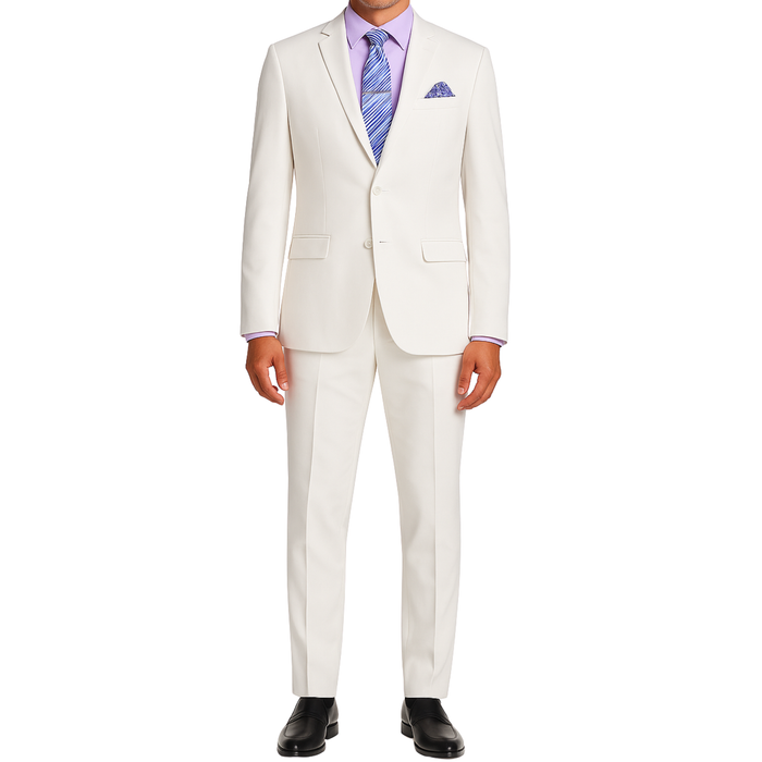 VINCI Men's White 2-Button Slim Fit Suit - NEW. Features a sleek modern silhouette with a fully lined notch lapel jacket and flat-front pants for custom tailoring. Ideal for polished office wear or sophisticated evening outings. Available at Fashion House Inc. (FH Menswear)