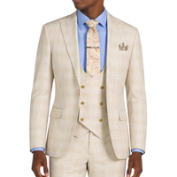 VINCI Men's Birch Plaid Stretch 3 Piece Slim Fit 1 Button Suit – NEW. Features a bold peak lapel jacket with one-button closure, low cut vest, and flat-front pants with unfinished hems for custom tailoring. A modern, stylish choice for office or evening wear. Available at Fashion House Inc. (FH Menswear, Style #SV1W-1)