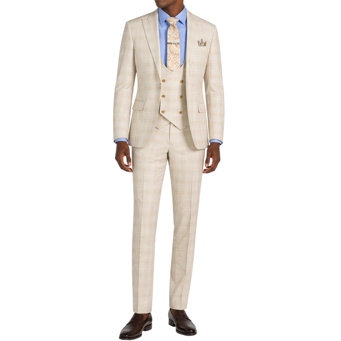 VINCI Men's Birch Plaid Stretch 3 Piece Slim Fit 1 Button Suit – NEW. Features a bold peak lapel jacket with one-button closure, low cut vest, and flat-front pants with unfinished hems for custom tailoring. A modern, stylish choice for office or evening wear. Available at Fashion House Inc. (FH Menswear, Style #SV1W-1)