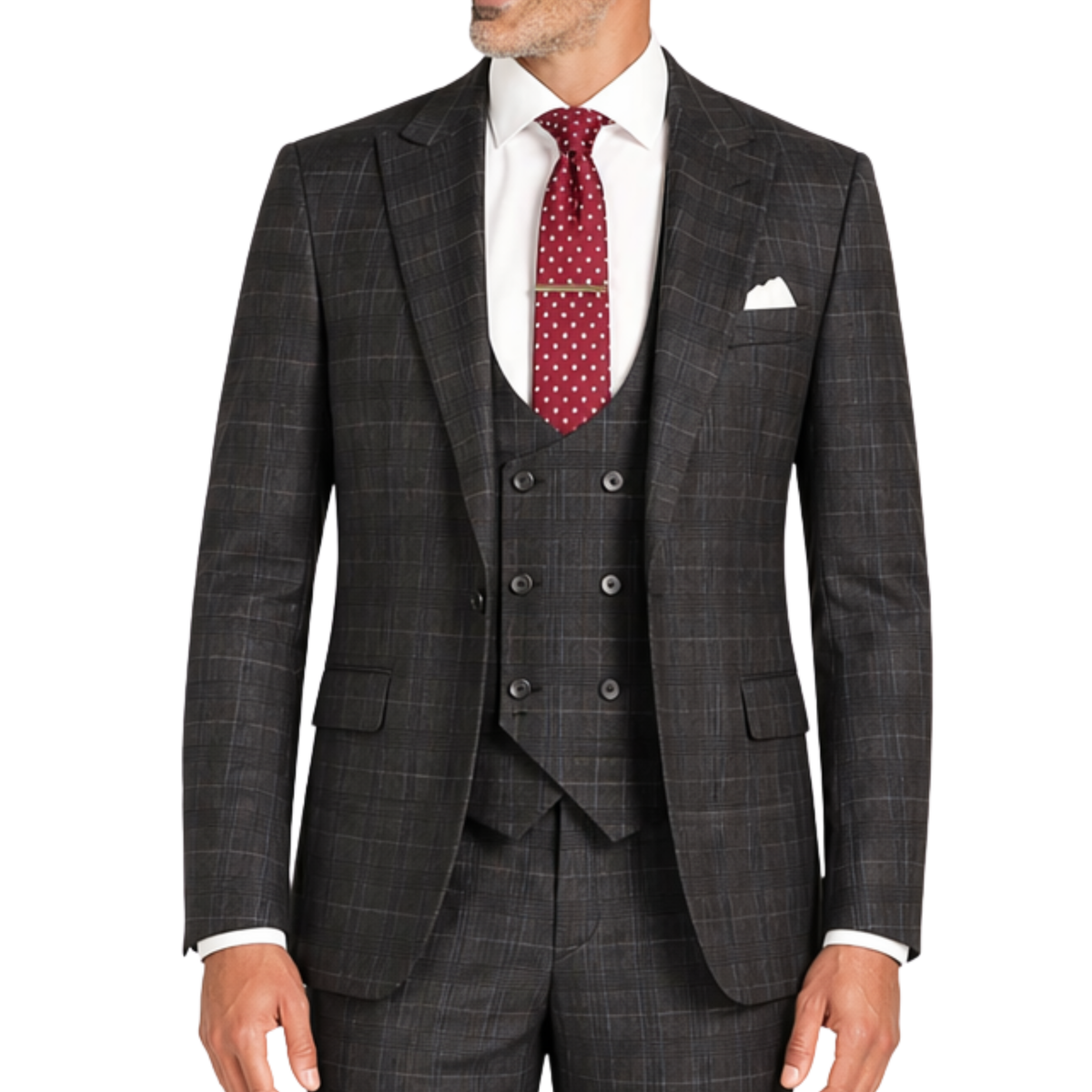 VINCI Men's Black Plaid Stretch 3 Piece Slim Fit 1 Button Suit – NEW. Features a bold peak lapel jacket with one-button closure, low cut vest, and flat-front pants with unfinished hems for custom tailoring. A modern, stylish choice for office or evening wear. Available at Fashion House Inc. (FH Menswear, Style #SV1W-1)