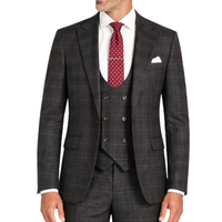 VINCI Men's Black Plaid Stretch 3 Piece Slim Fit 1 Button Suit – NEW. Features a bold peak lapel jacket with one-button closure, low cut vest, and flat-front pants with unfinished hems for custom tailoring. A modern, stylish choice for office or evening wear. Available at Fashion House Inc. (FH Menswear, Style #SV1W-1)