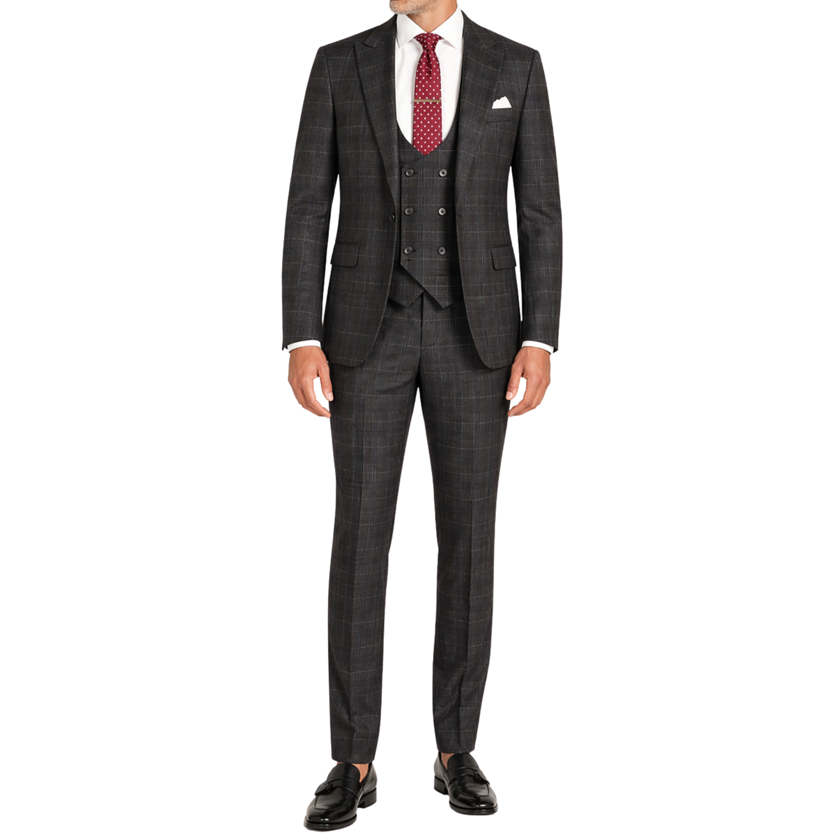VINCI Men's Black Plaid Stretch 3 Piece Slim Fit 1 Button Suit – NEW. Features a bold peak lapel jacket with one-button closure, low cut vest, and flat-front pants with unfinished hems for custom tailoring. A modern, stylish choice for office or evening wear. Available at Fashion House Inc. (FH Menswear, Style #SV1W-1)